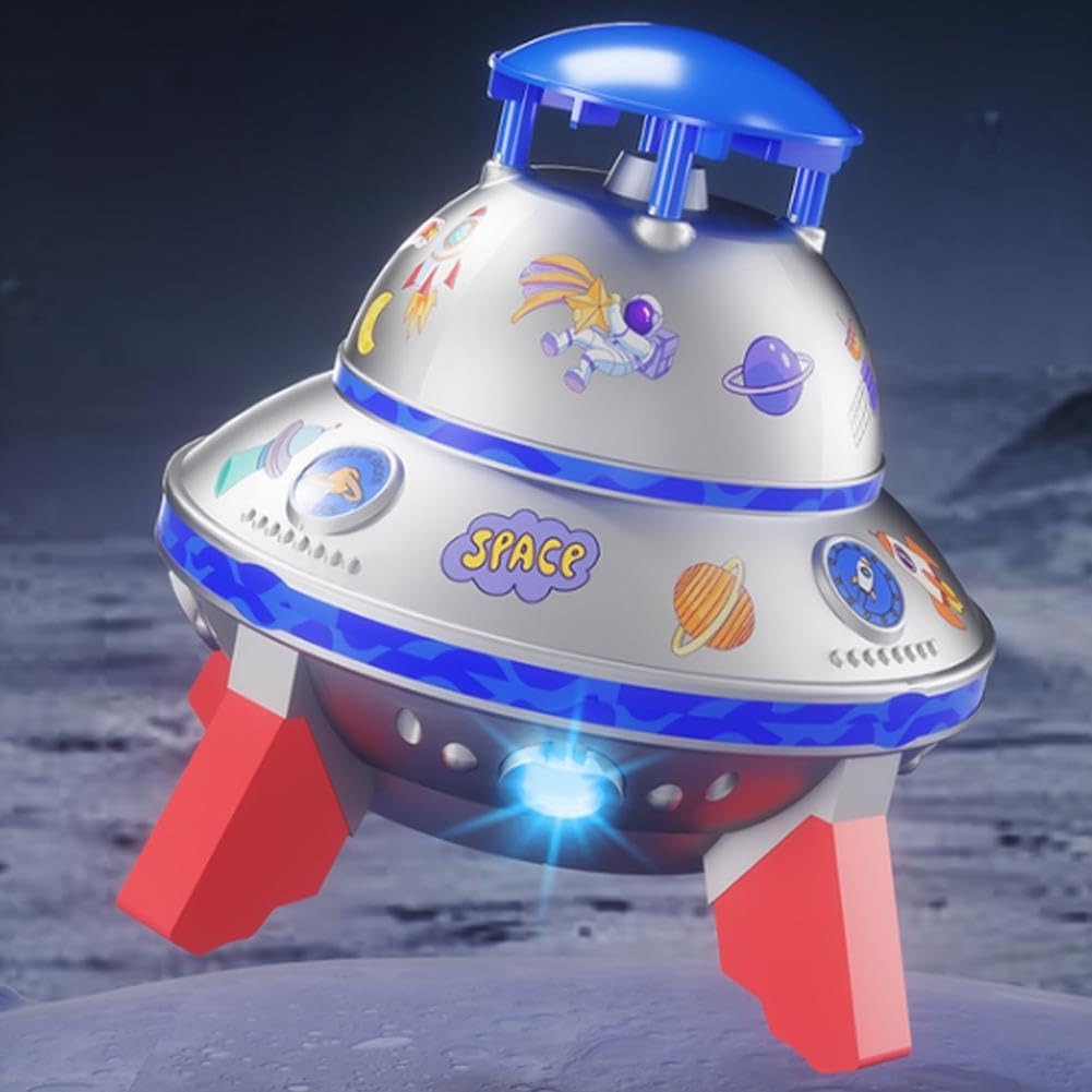 UFO Rocket Sprinkler – 360° Rotating Water Toy with LED Lights & DIY Stickers