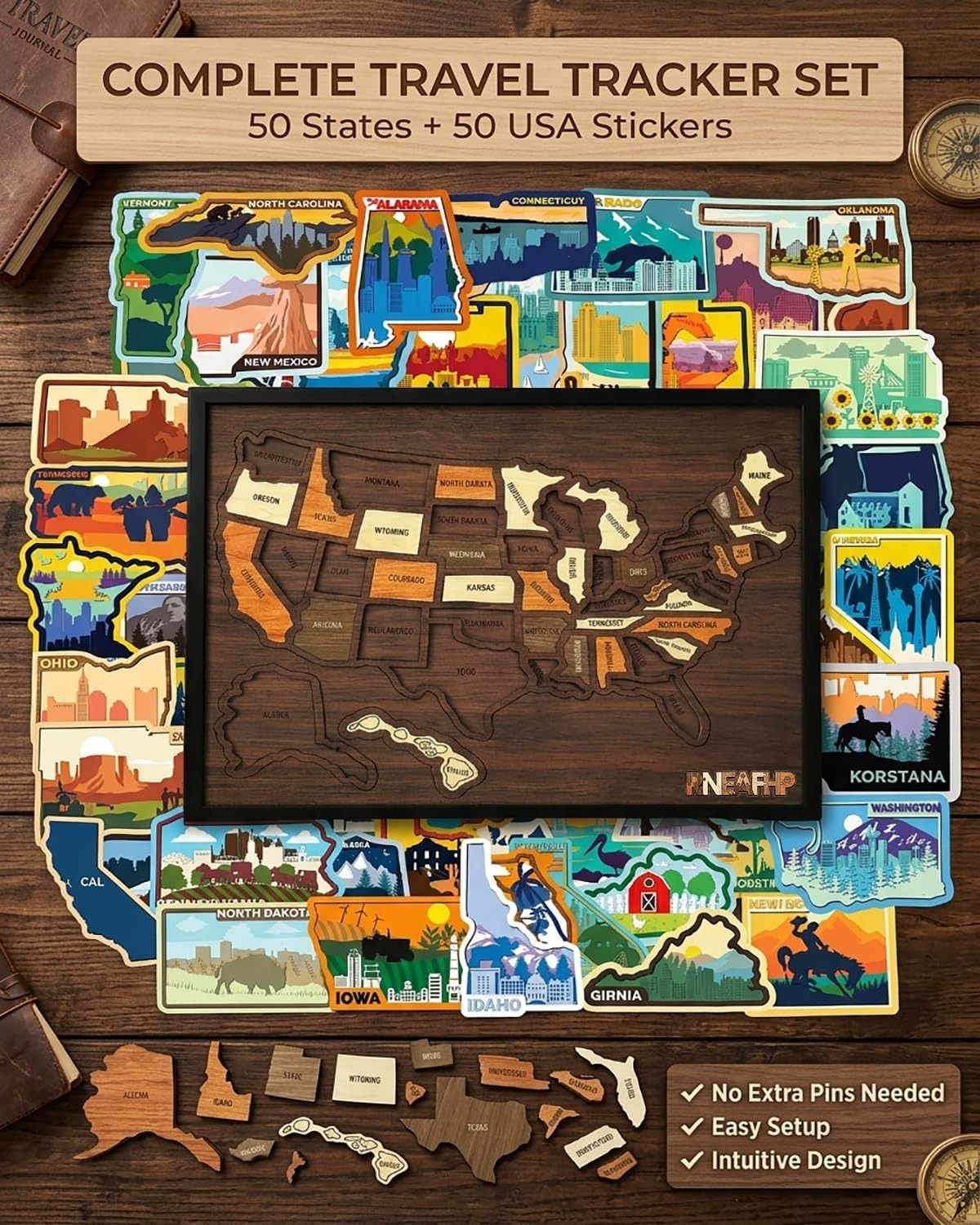 Wooden USA Travel Map Puzzle – 10"×12" Interactive Memory Board & Family Decor