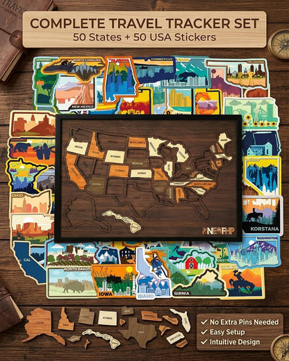 Wooden USA Travel Map Puzzle – 10"×12" Interactive Memory Board & Family Decor
