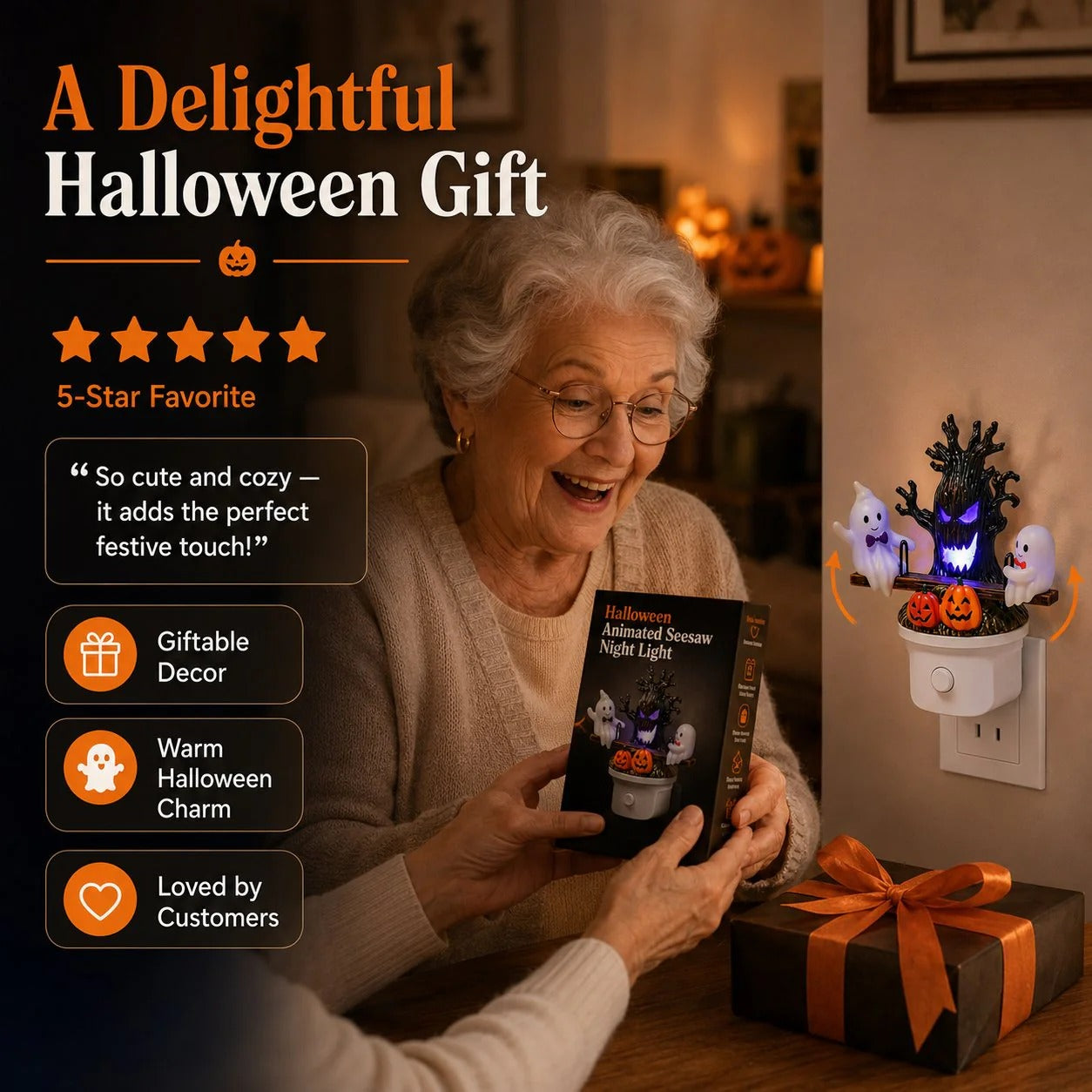 Animated Seesaw Ghost LED Night Light – USB Plug-In, Cute Spooky Glow