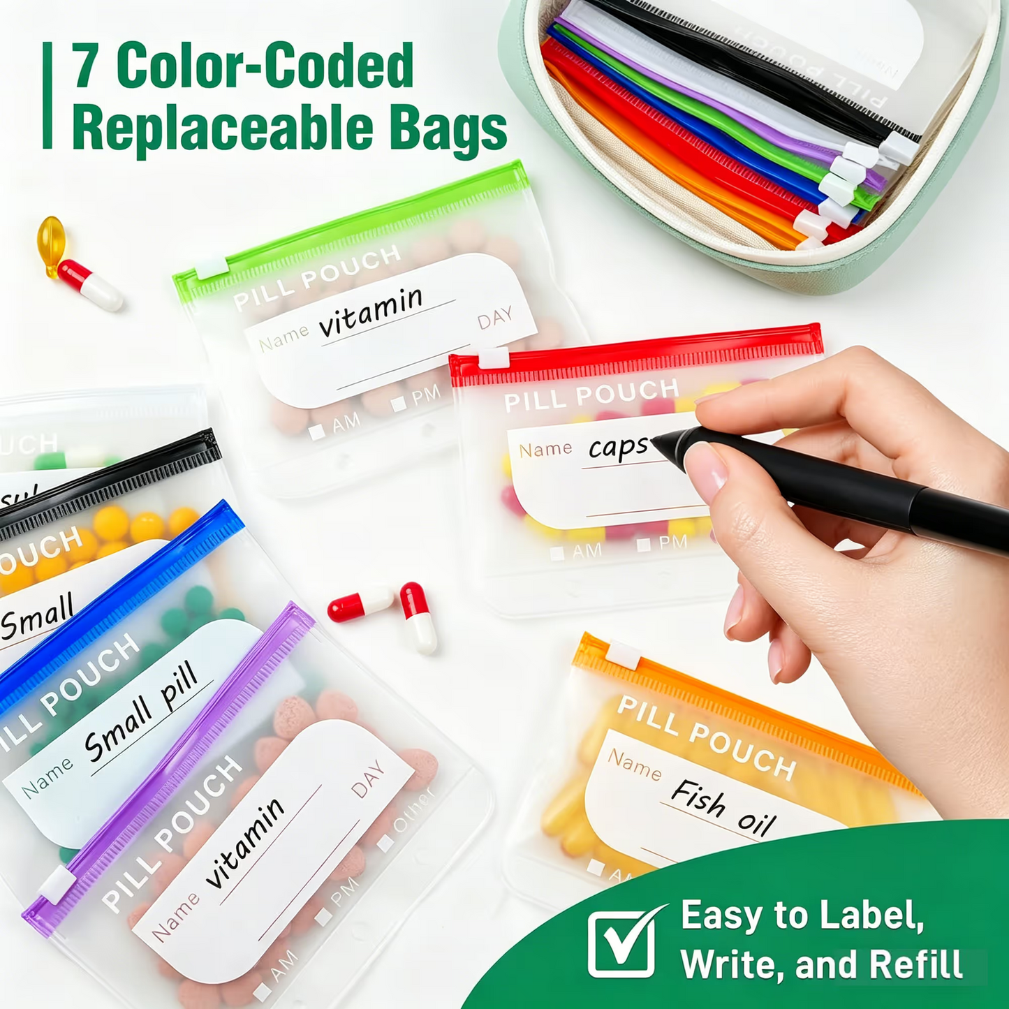 A8 14-Pouch Weekly Pill Organizer – Waterproof, Color-Coded Travel Storage