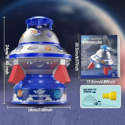 UFO Rocket Sprinkler – 360° Rotating Water Toy with LED Lights & DIY Stickers