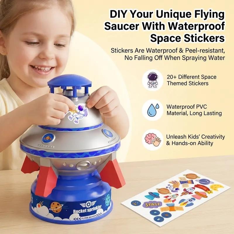 UFO Rocket Sprinkler – 360° Rotating Water Toy with LED Lights & DIY Stickers