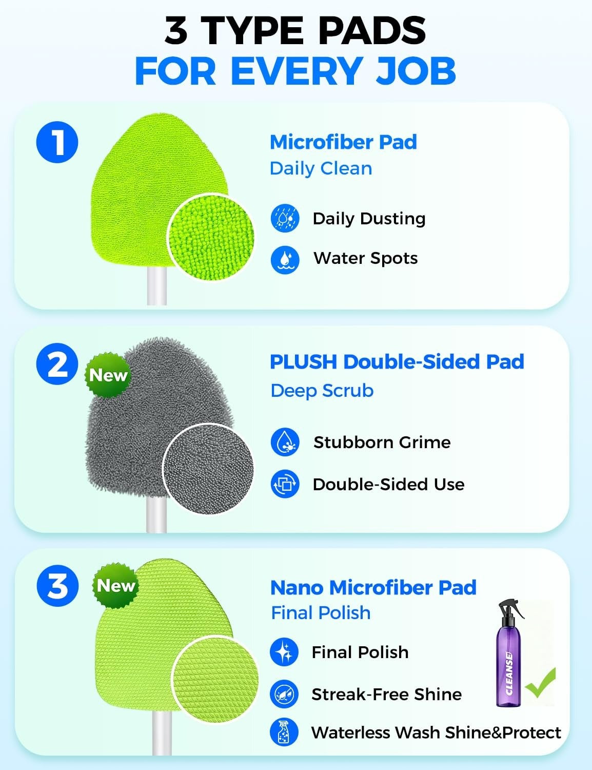 Extendable Windshield Cleaner Tool with 5 Microfiber Pads