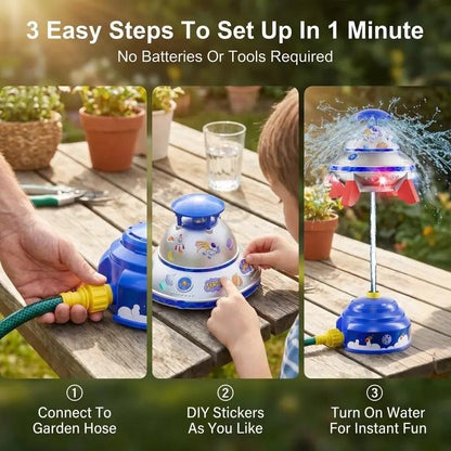 UFO Rocket Sprinkler – 360° Rotating Water Toy with LED Lights & DIY Stickers