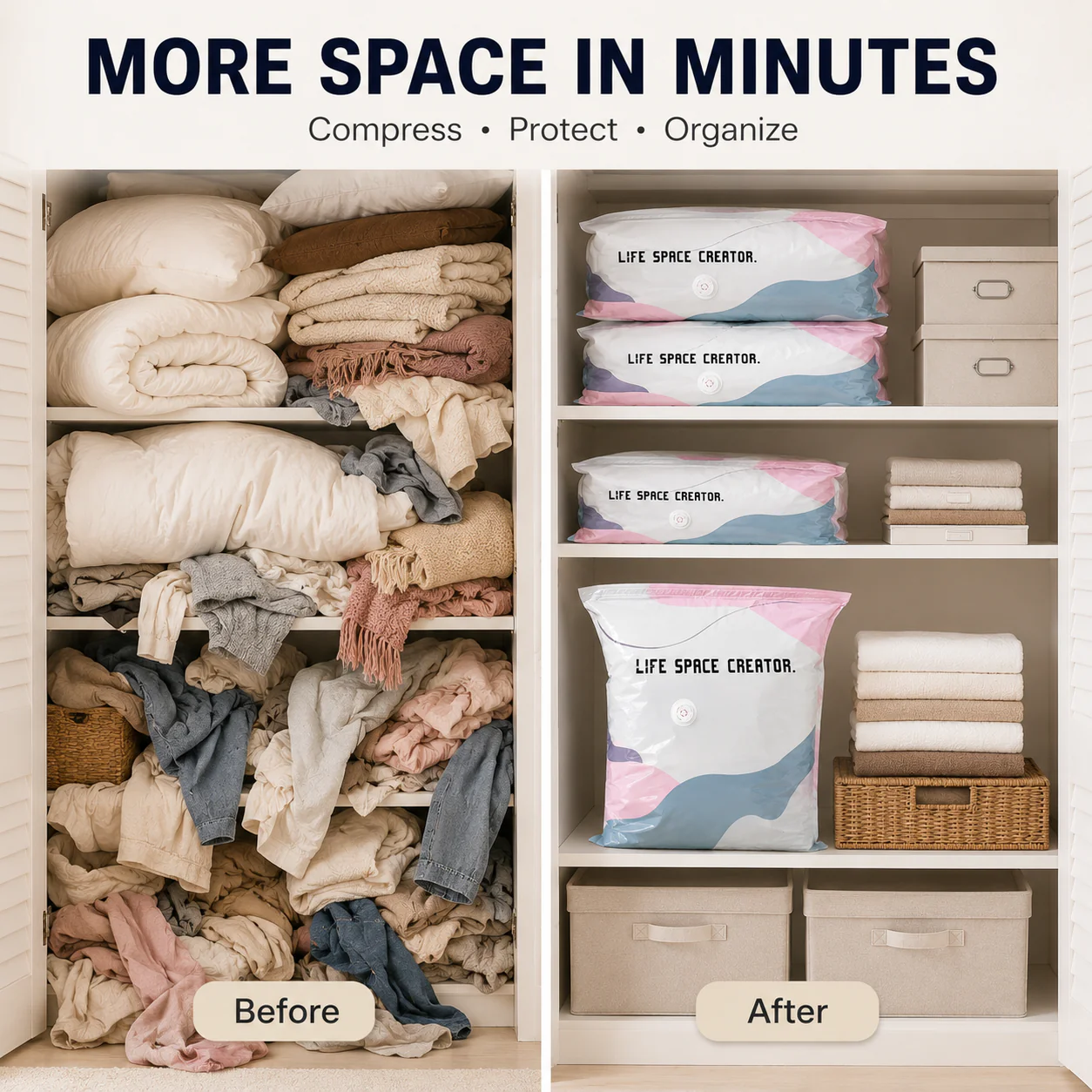 No-Pump Vacuum Storage Bags – 2 Sizes, Instant Space-Saving Compression