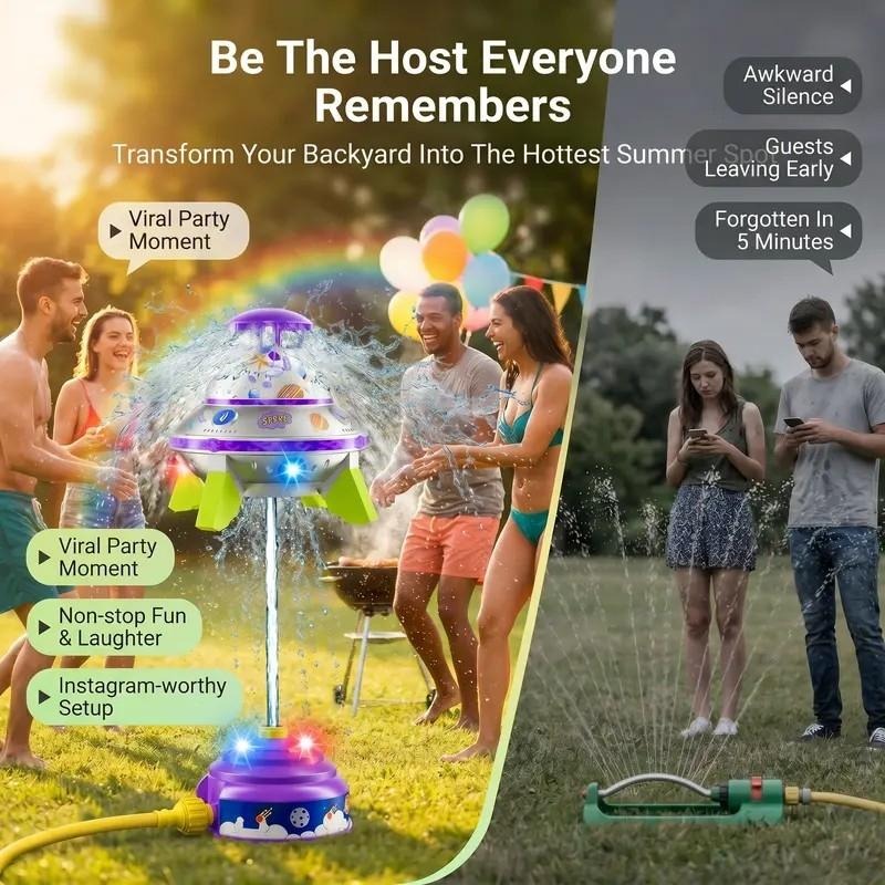 UFO Rocket Sprinkler – 360° Rotating Water Toy with LED Lights & DIY Stickers