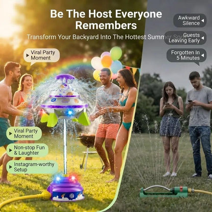 UFO Rocket Sprinkler – 360° Rotating Water Toy with LED Lights & DIY Stickers