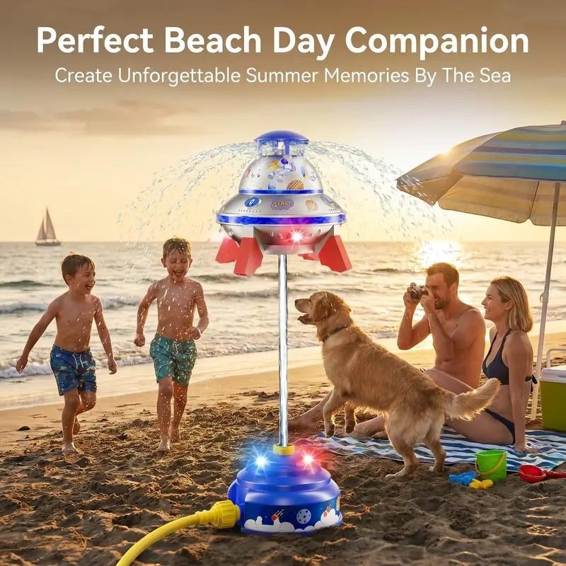 UFO Rocket Sprinkler – 360° Rotating Water Toy with LED Lights & DIY Stickers