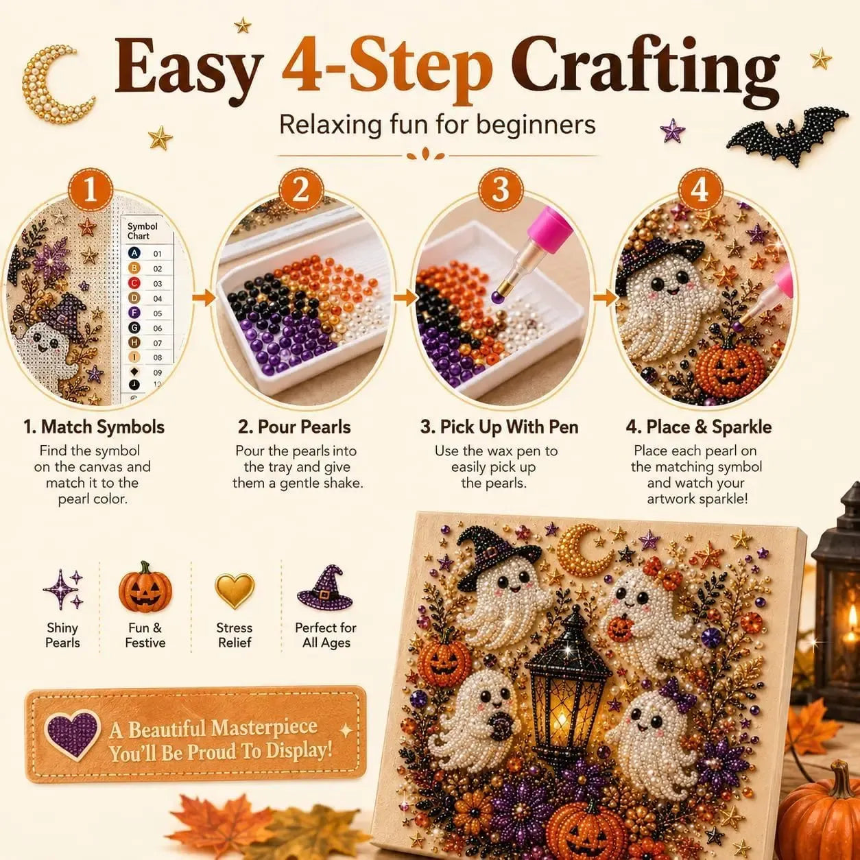 Halloween Pearl Art DIY Kit – 6 Spooky Designs, Shimmering Fall Craft for All Ages