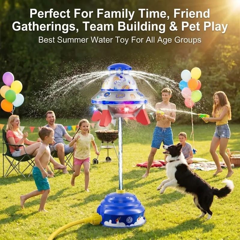 UFO Rocket Sprinkler – 360° Rotating Water Toy with LED Lights & DIY Stickers