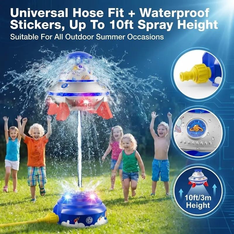 UFO Rocket Sprinkler – 360° Rotating Water Toy with LED Lights & DIY Stickers