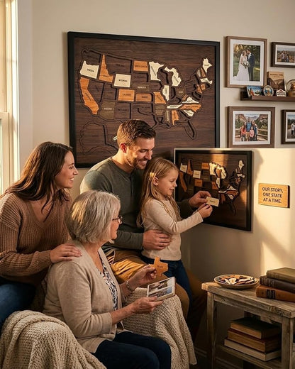 Wooden USA Travel Map Puzzle – 10"×12" Interactive Memory Board & Family Decor