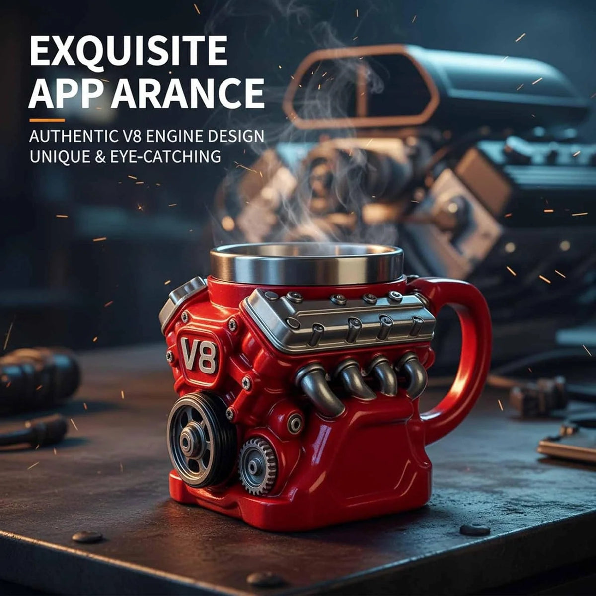 V6/V8 3D Engine Stainless Steel Mug — Rev Up Your Morning