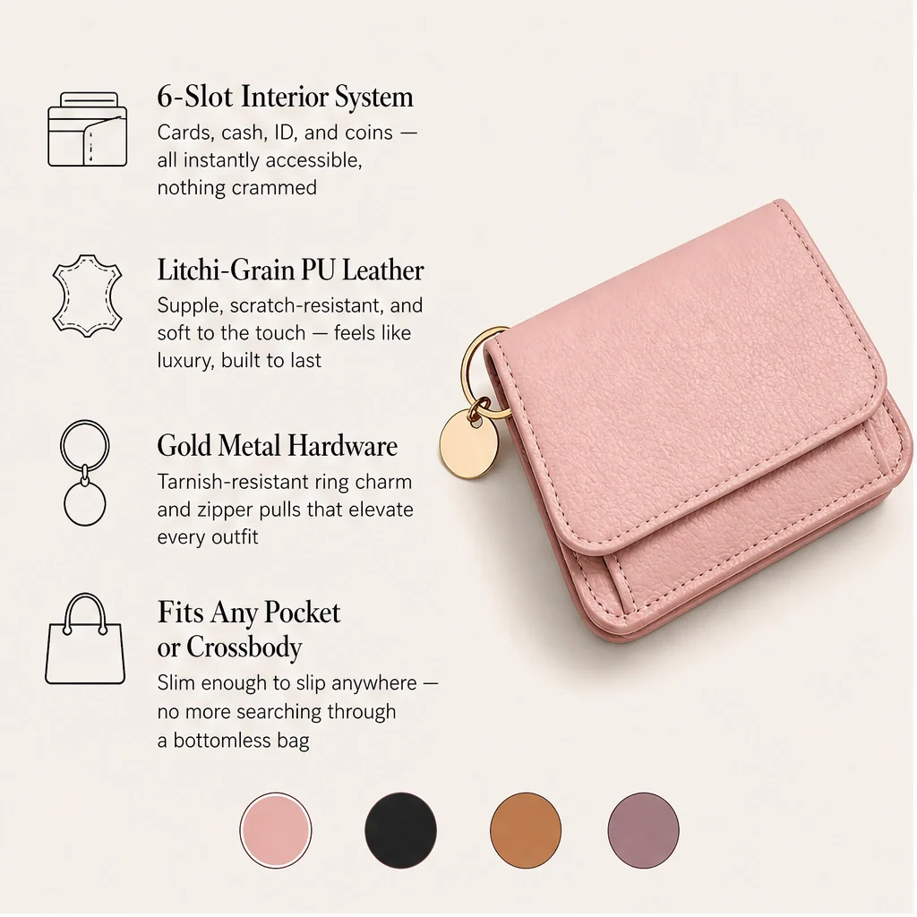 Women's Slim Tri-Fold RFID Wallet – Zip Pocket, Keychain