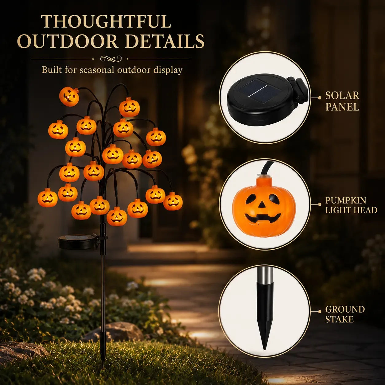 20-LED Halloween Solar Stake Lights – 4 Spooky Styles, 8 Modes, Auto On/Off