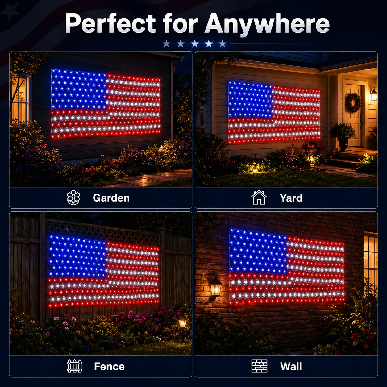 Solar American Flag Net Lights – 6.5ft Super Bright Waterproof Patriotic Decor