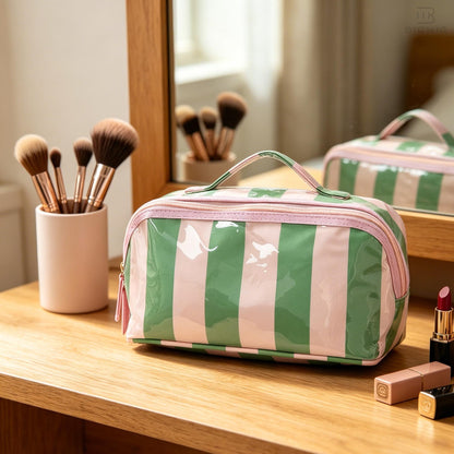 Preppy Striped PVC Travel Cosmetic Bag – Large Capacity, Waterproof Makeup Organizer