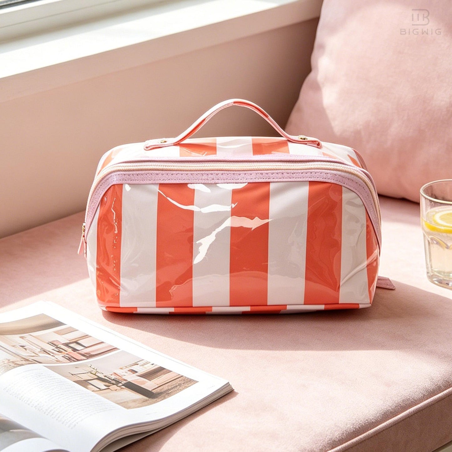 Preppy Striped PVC Travel Cosmetic Bag – Large Capacity, Waterproof Makeup Organizer