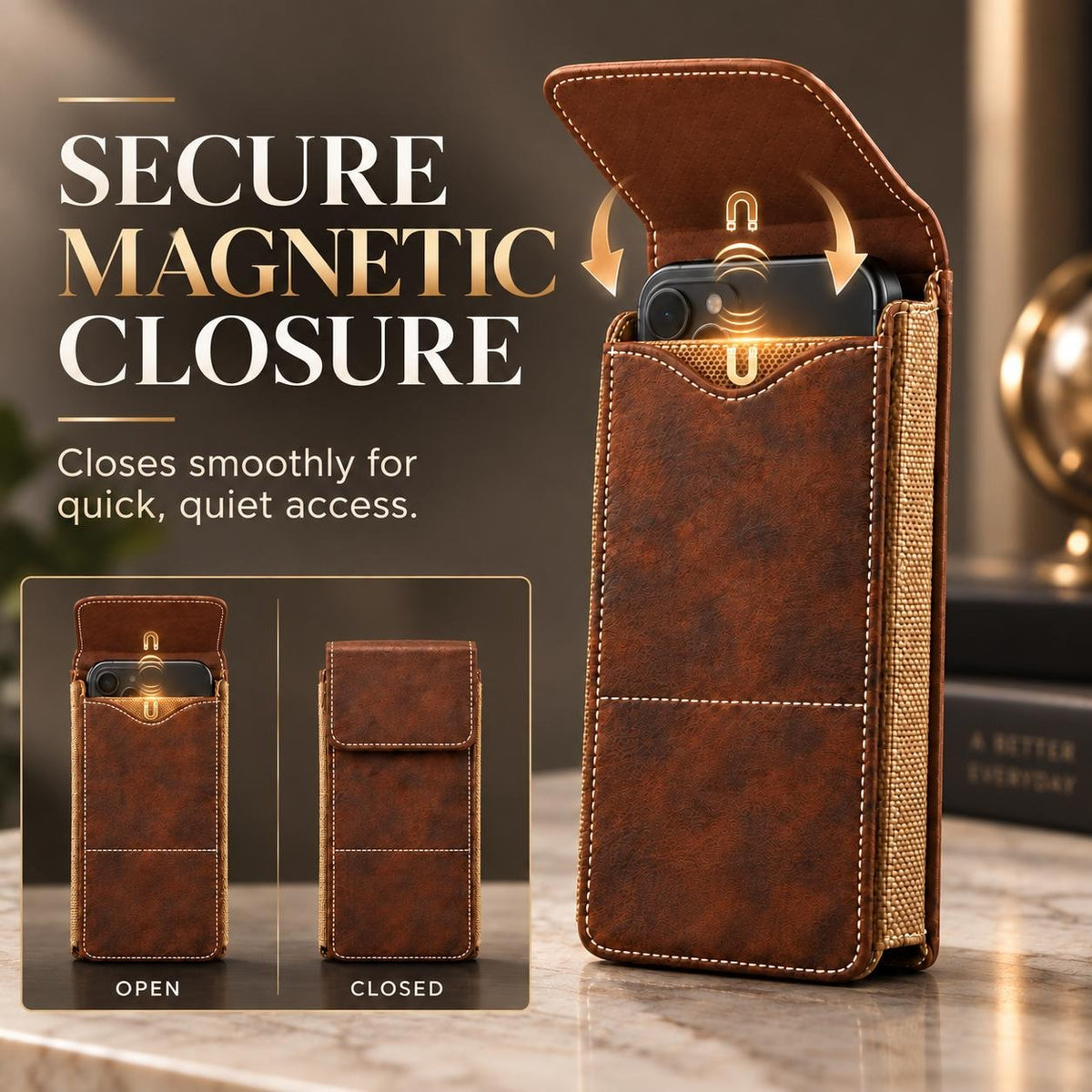 Men's Waist Phone Pouch with Card Slot & Metal Belt Clip – Large Smartphone Holster