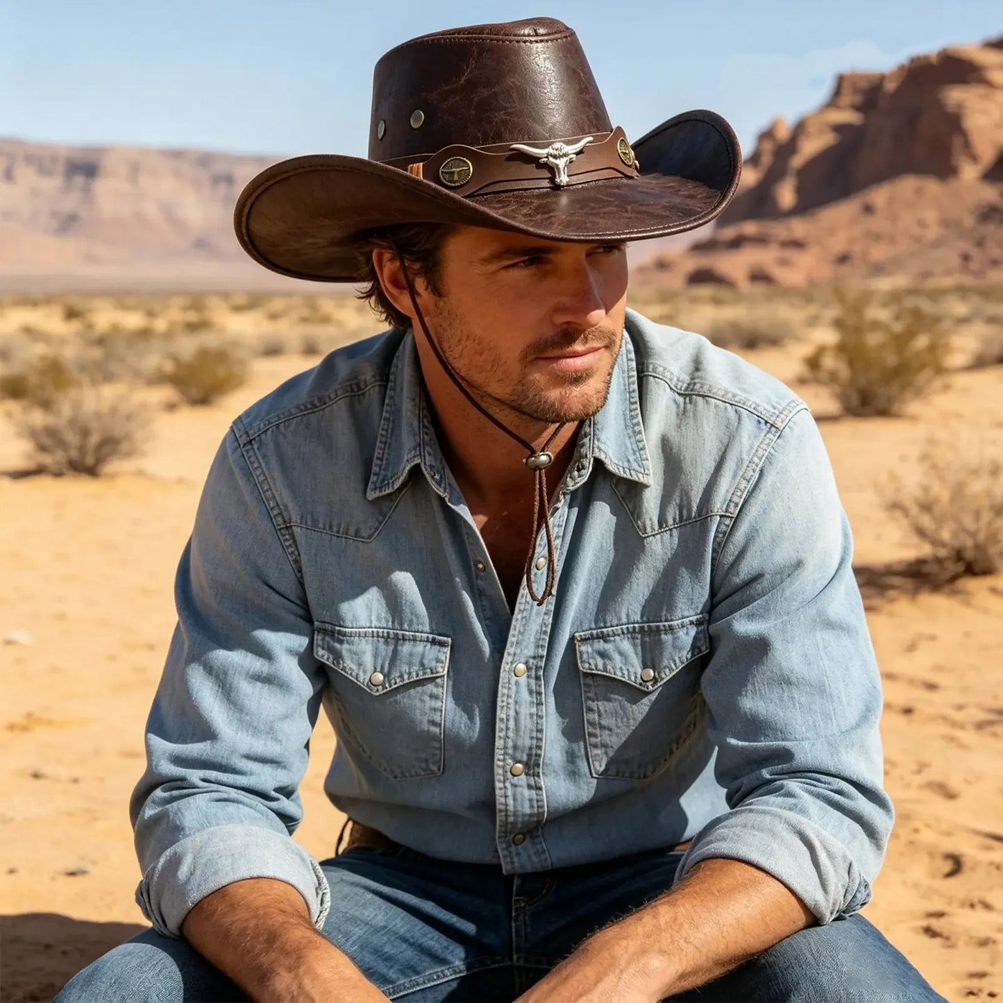 Vintage Cracked Leather Cowboy Hat – Bull Skull Band, Adjustable Fit