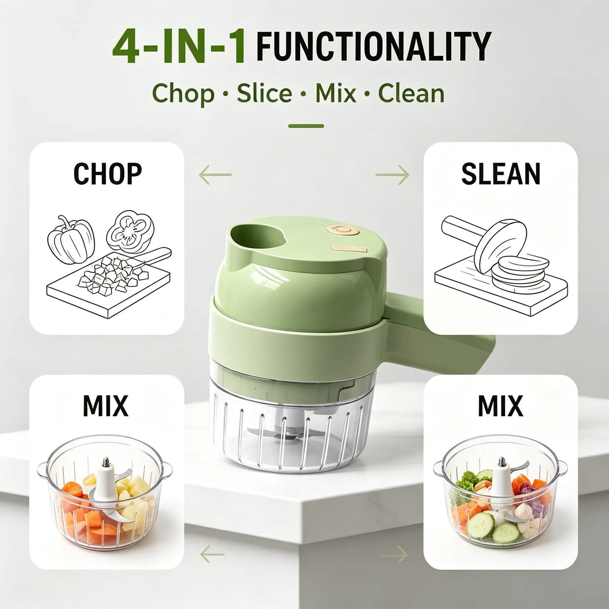 4-in-1 Electric Vegetable Chopper – Wireless Mini Food Processor & Garlic Press