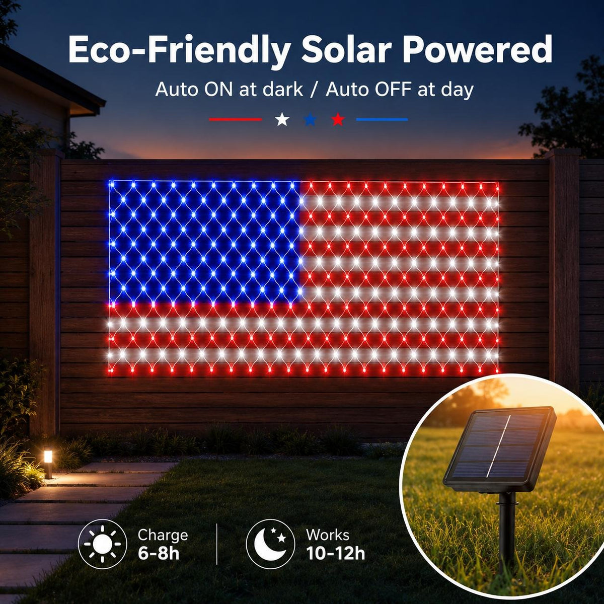Solar American Flag Net Lights – 6.5ft Super Bright Waterproof Patriotic Decor