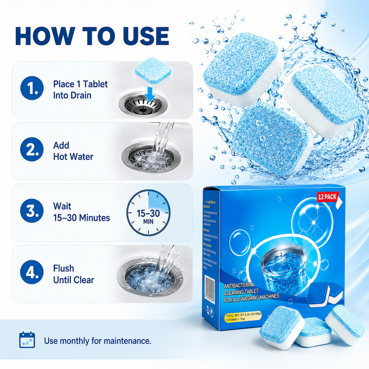 Drain Dissolver Tablets 12-Pack – Sink, Shower & Washer Rescue