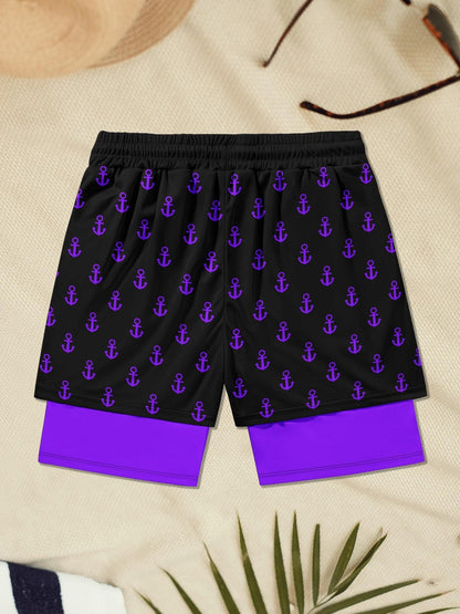 Men’s 2-in-1 Quick Dry Swim Trunks, Bold Duck & Anchor Print