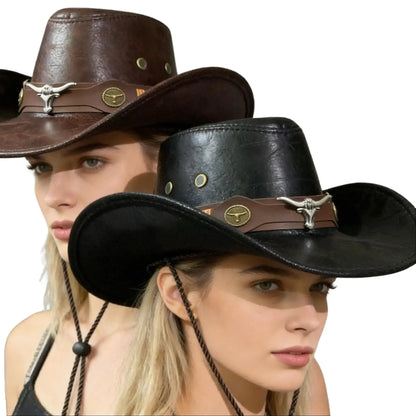Vintage Cracked Leather Cowboy Hat – Bull Skull Band, Adjustable Fit