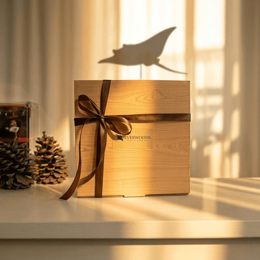 Wooden Manta Ray Sculpture with Moving Wings