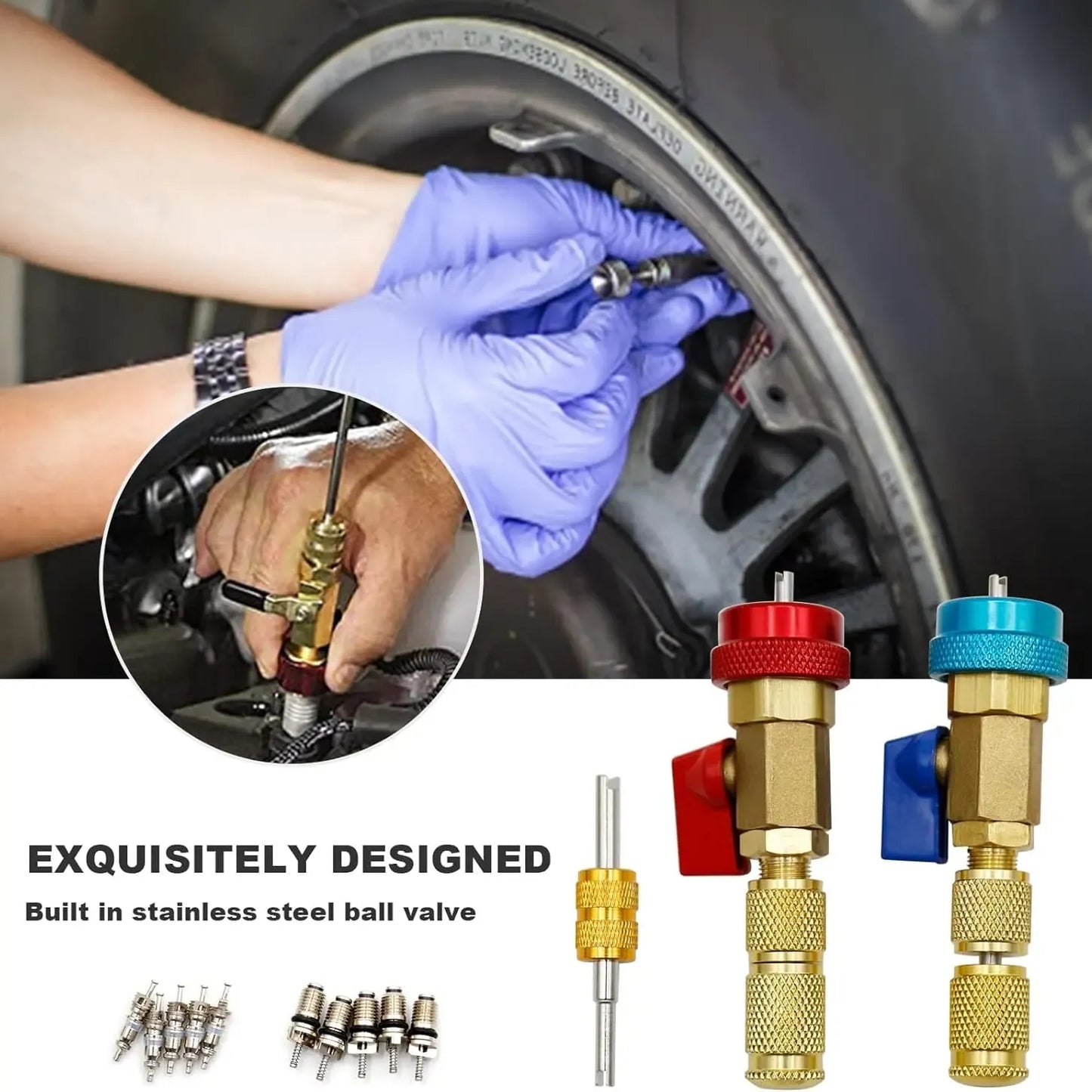R134A AC Valve Core Service Kit – High & Low Pressure Remover, 10 Valve Cores & Wrench