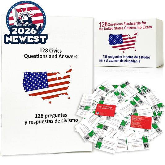 2026 US Citizenship Flash Cards – 128 Official Questions & Answers (English & Spanish)