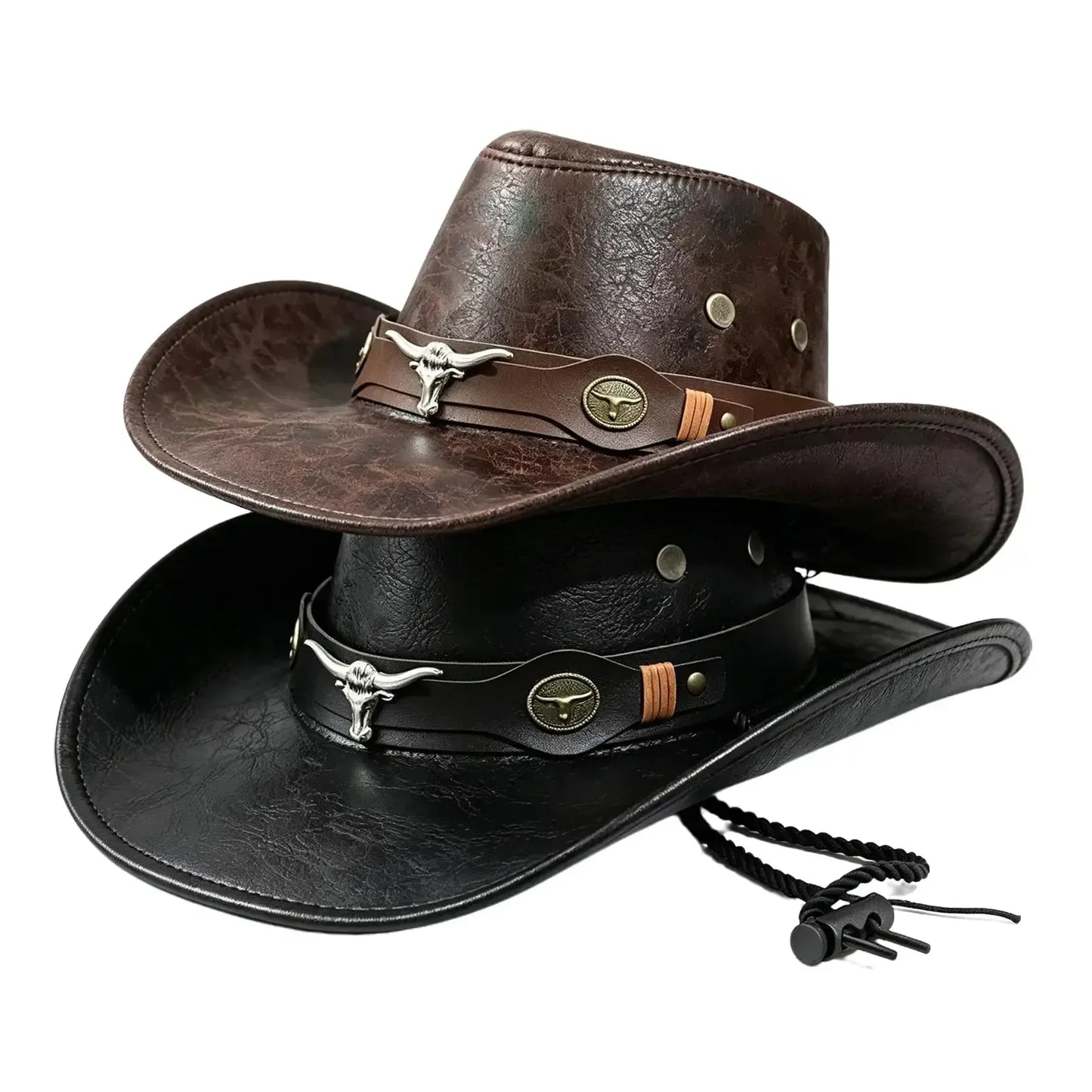 Vintage Cracked Leather Cowboy Hat – Bull Skull Band, Adjustable Fit