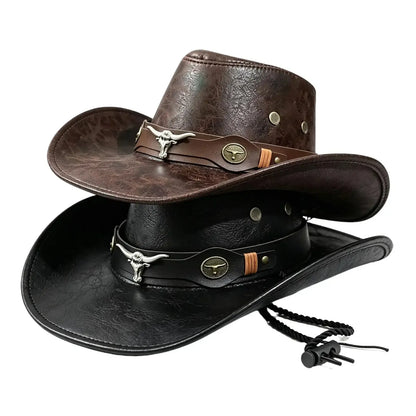 Vintage Cracked Leather Cowboy Hat – Bull Skull Band, Adjustable Fit