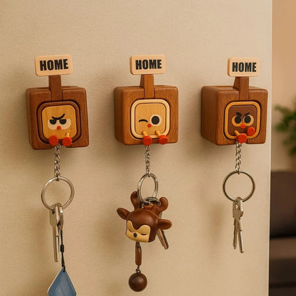 Handmade Wooden Magnetic Key Holder – 3 Cute Cartoon Wall Hooks & Charms