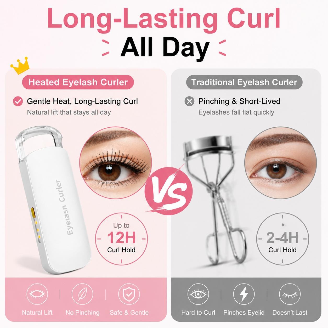 USB Rechargeable Heated Eyelash Curler – 3 Temps, Long-Lasting Natural Curl