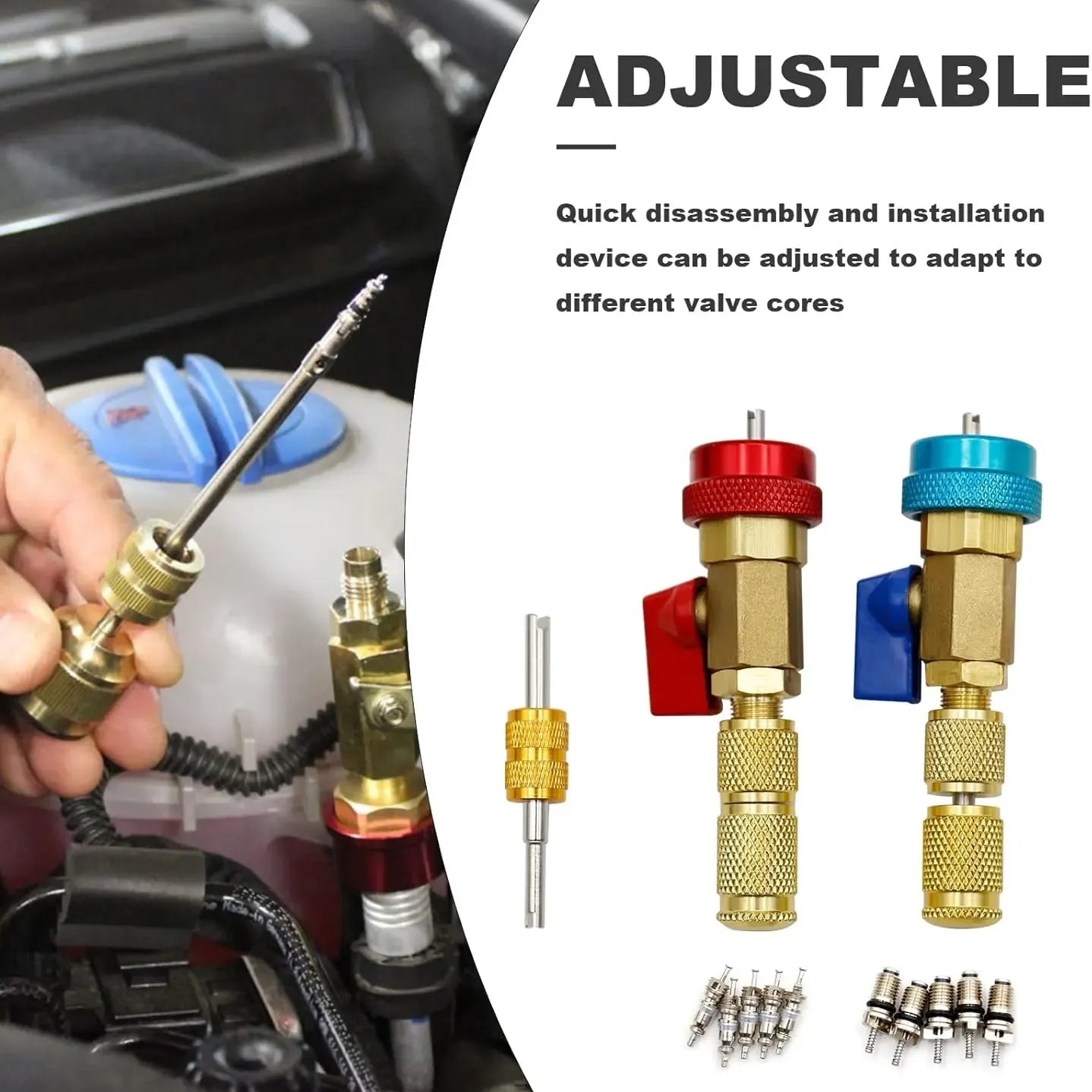 R134A AC Valve Core Service Kit – High & Low Pressure Remover, 10 Valve Cores & Wrench