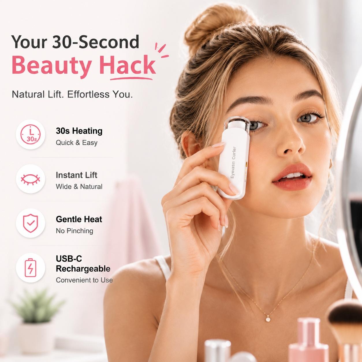 USB Rechargeable Heated Eyelash Curler – 3 Temps, Long-Lasting Natural Curl