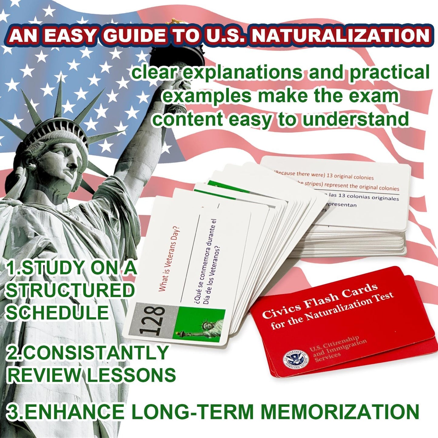 2026 US Citizenship Flash Cards – 128 Official Questions & Answers (English & Spanish)