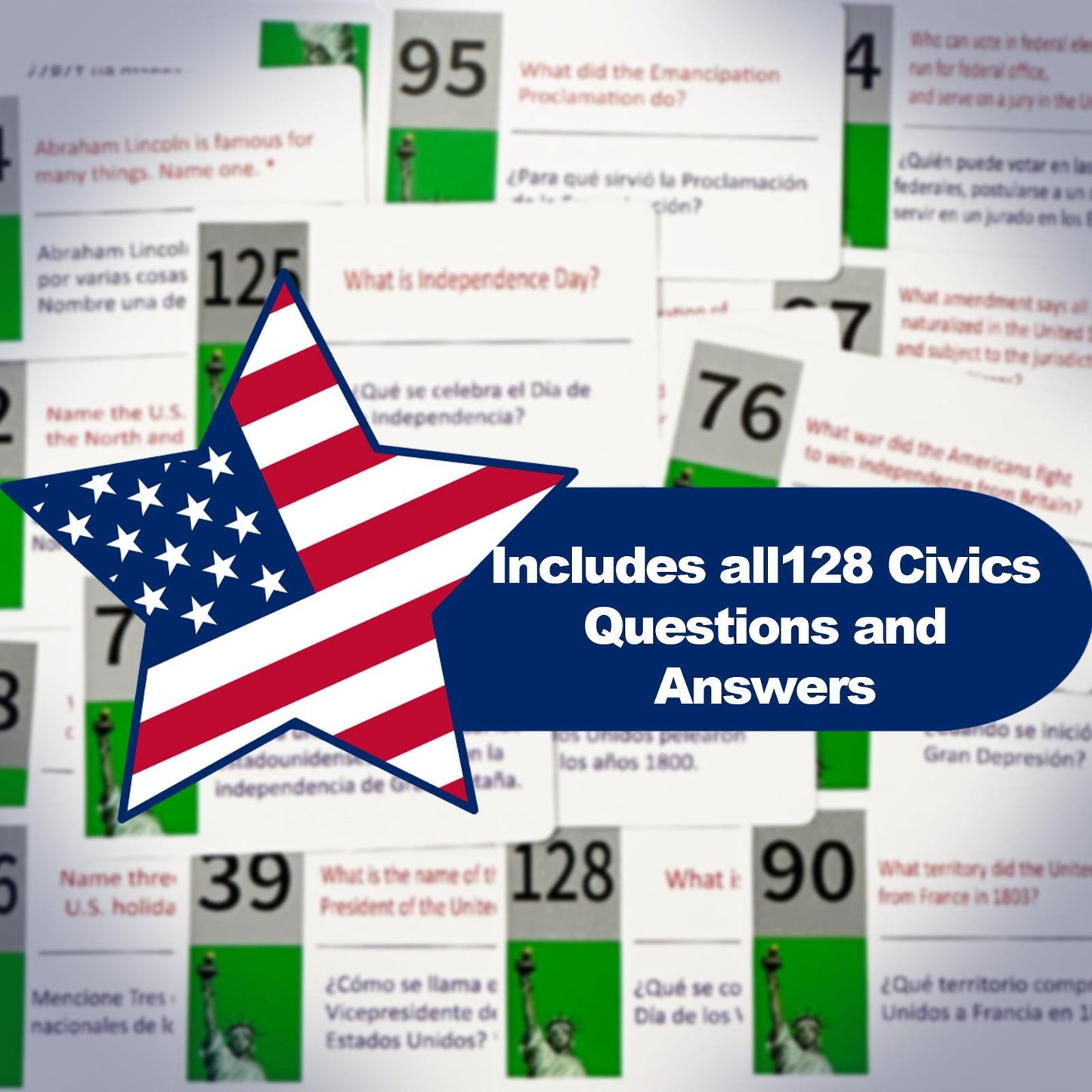 2026 US Citizenship Flash Cards – 128 Official Questions & Answers (English & Spanish)