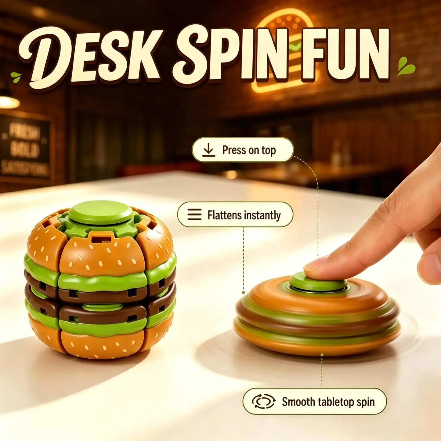 Press-to-Spin Transforming Fidget Ball – 3D Printed Sensory Gyro Toy, 3 Food Designs