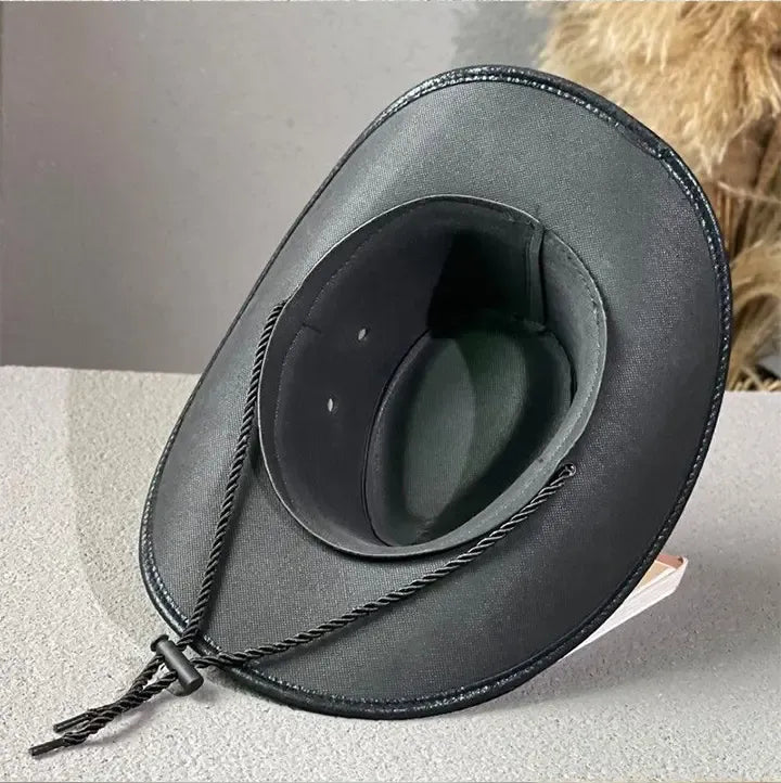 Vintage Cracked Leather Cowboy Hat – Bull Skull Band, Adjustable Fit