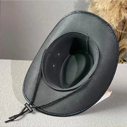Vintage Cracked Leather Cowboy Hat – Bull Skull Band, Adjustable Fit
