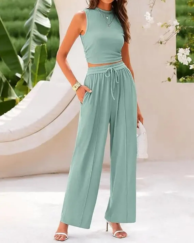 Women’s Ribbed Knit 2-Piece Set – Crop Top & Wide Pants