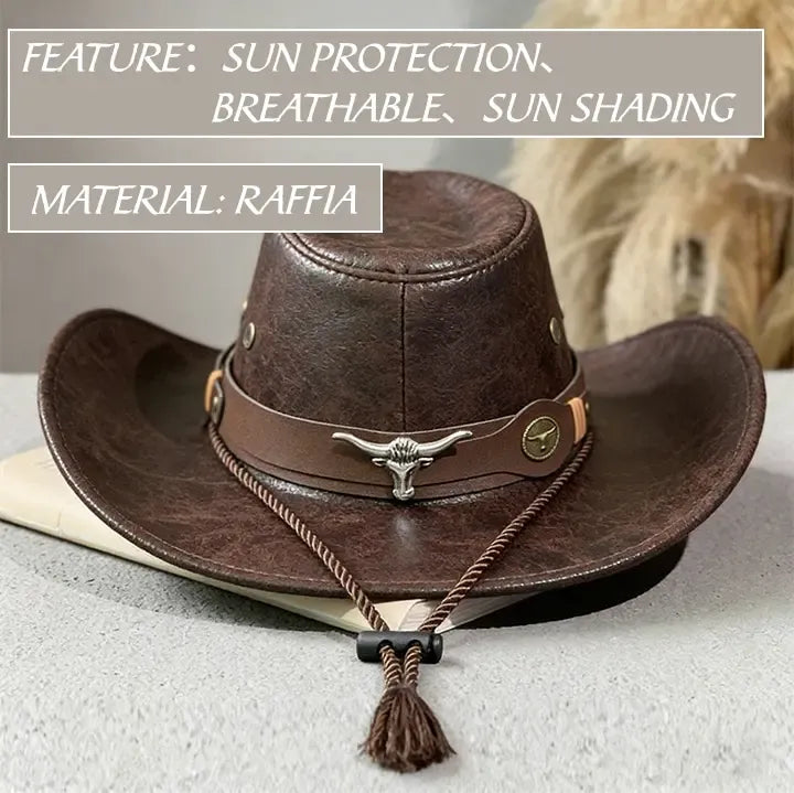 Vintage Cracked Leather Cowboy Hat – Bull Skull Band, Adjustable Fit
