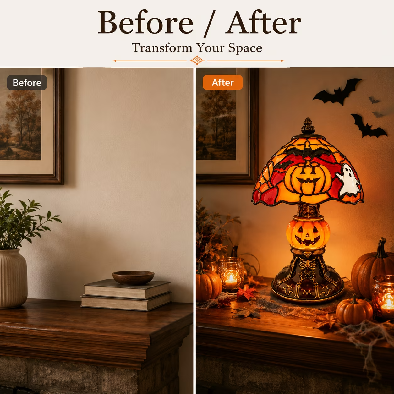 Halloween Pumpkin Lamp – Hand-Painted Design, Warm Glow & USB Powered