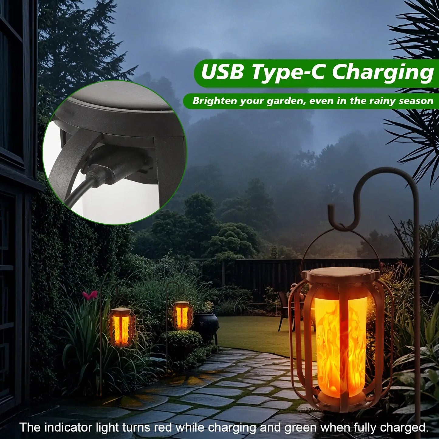 Solar Flame Garden Lantern – Realistic Dancing Flame, Solar & USB Charging, Waterproof Patio Light