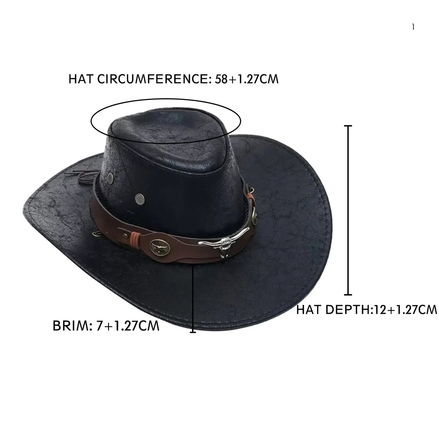 Vintage Cracked Leather Cowboy Hat – Bull Skull Band, Adjustable Fit