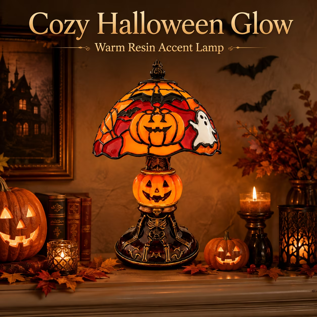 Halloween Pumpkin Lamp – Hand-Painted Design, Warm Glow & USB Powered